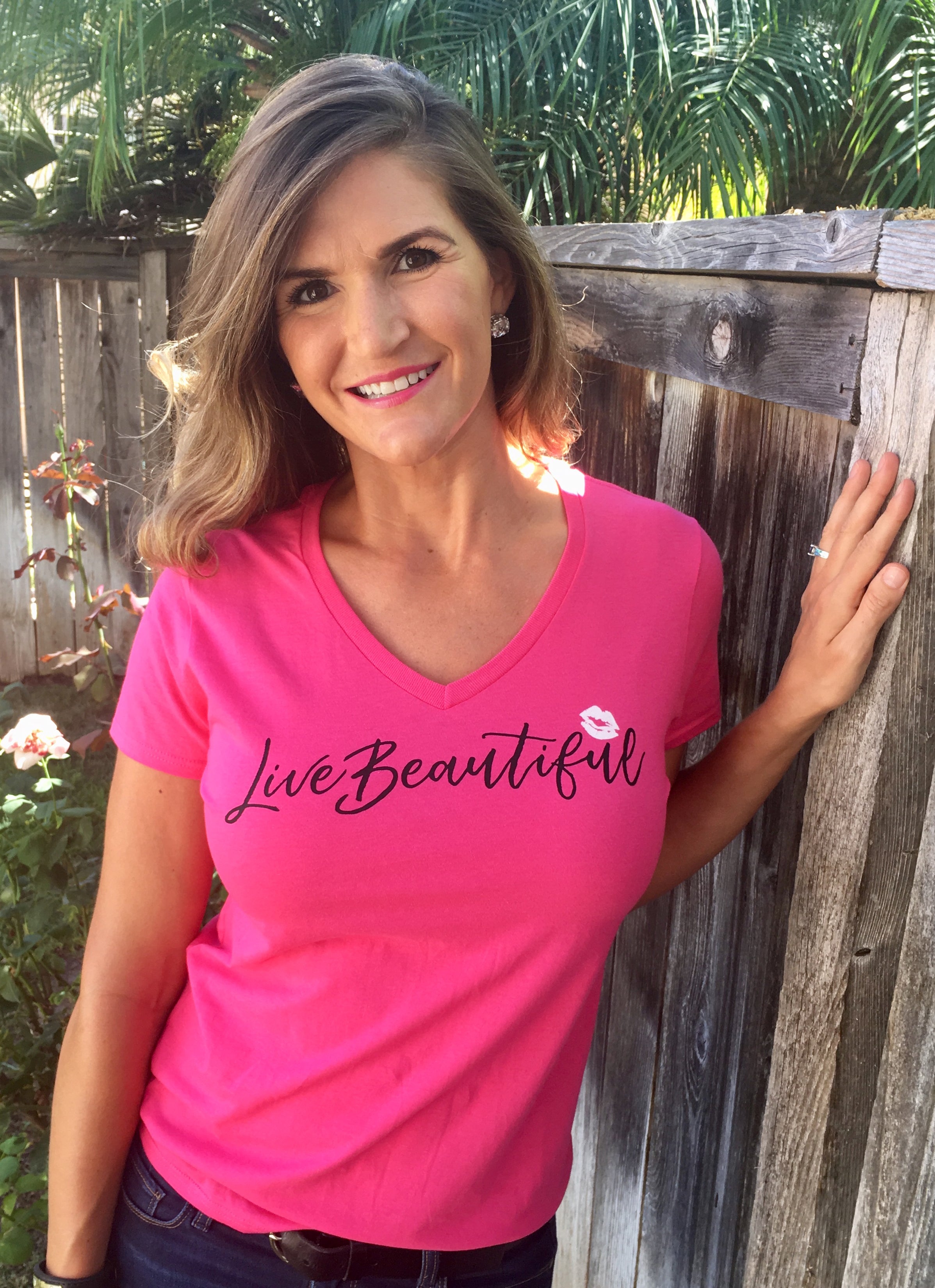 Live Beautiful! - Pink Lightweight V-Neck T-Shirt